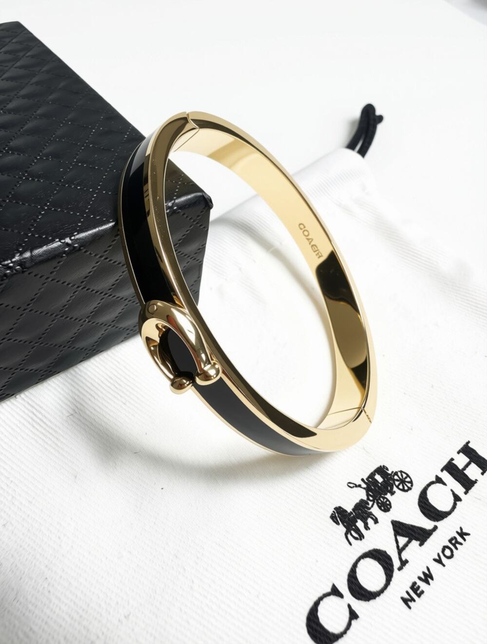 Coach Signature Push Hinged Bangle Black Enamel Inlay